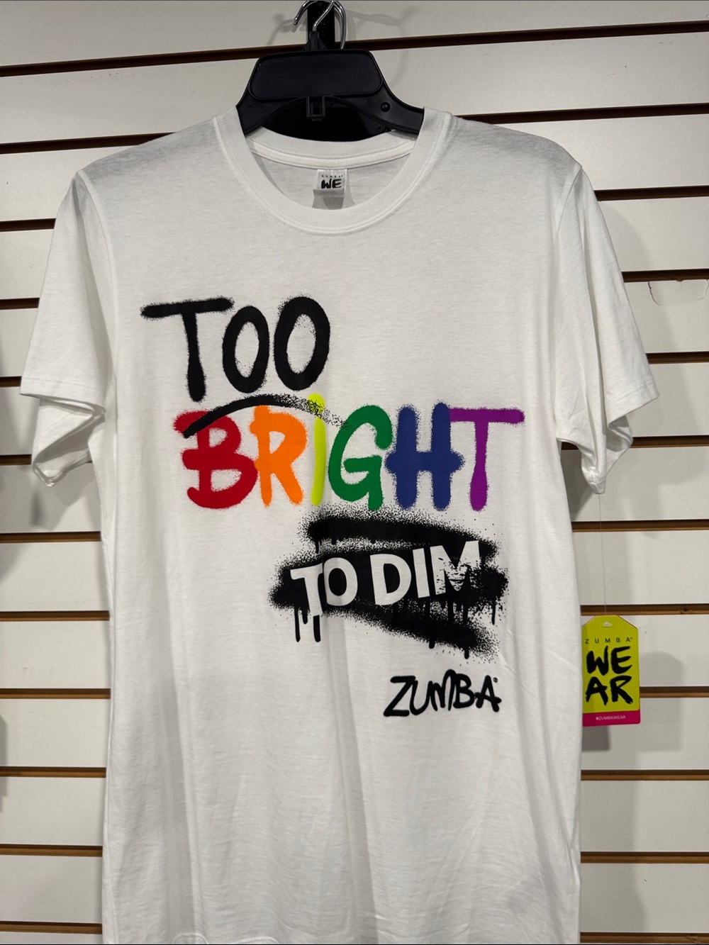 Zumba Fitness White Tee with Multicolor 'Bright' Graffiti Print (XS/S) (M/L)